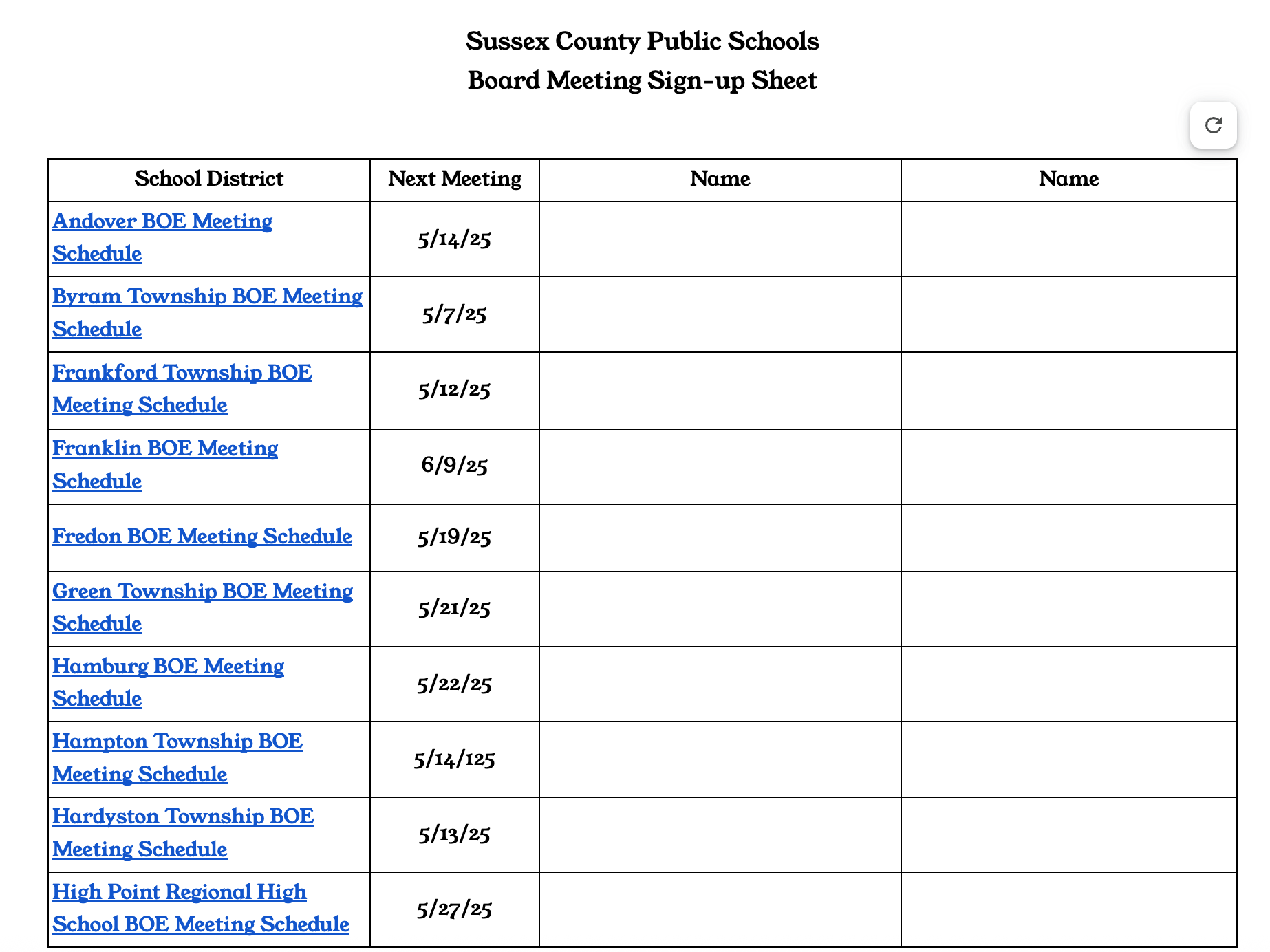 Sussex County BOE Meeting/Sign-up Sheet