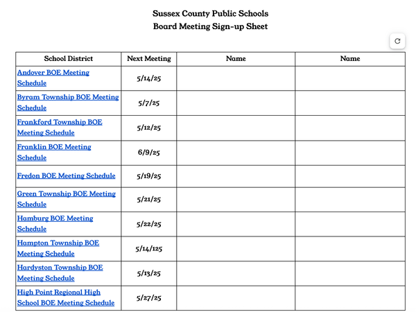 Sussex County BOE Meeting/Sign-up Sheet